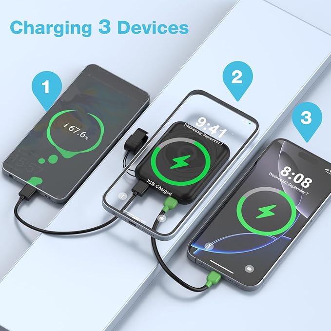 Small Magnetic Power Bank,5000mAh Mag-safe Battery Pack with 20W Fast Charging Detachable USB C&iOS cable,with LED Display,Slim Wireless Portable Charger for iPhone16/15/14/13/12 Series (Black)