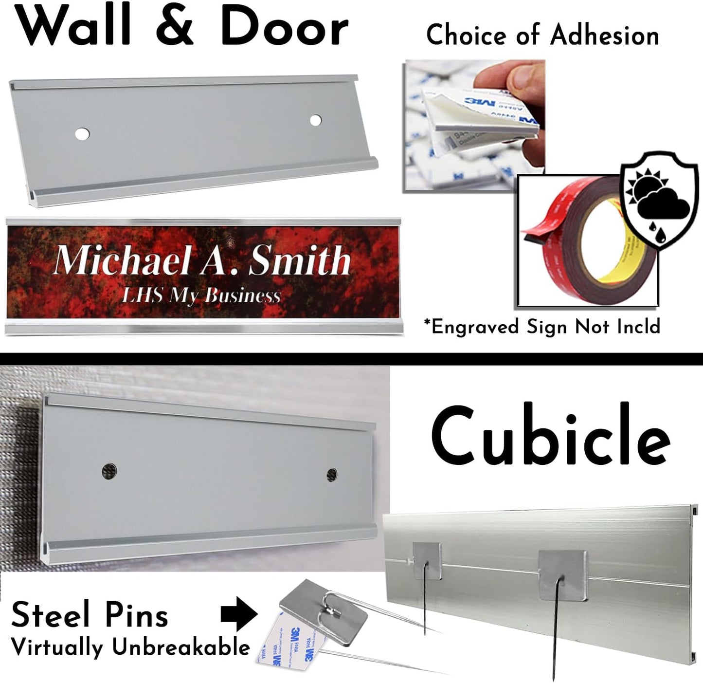 2x12 Executive Name Plate Holder, Silver Aluminum Adhesive Door Mount for Wall Plaques, Mailbox Signs and Cubicles | Made in USA