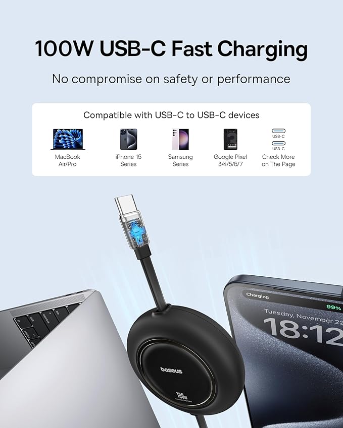 Baseus USB C Cable, 100W 2-Pack 6.6ft Retractable USBC to USBC Fast Charging Cable, 7-Stage Length Preset Retractable Type C Cord for iPhone 16 15 Pro Plus Pro Max, MacBook, iPad Pro, Samsung S24/S23