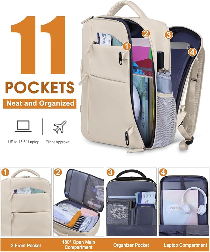 Capolo Travel Backpack for Women Men Waterproof Laptop Backpack Airlines Approved Carry On Backpack Bag Computer Bookbag for Business, Work, Traveling Fits 15.6 Inch Laptop(Beige)