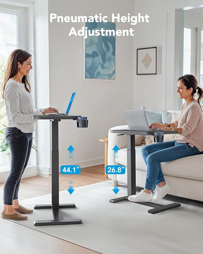 HUANUO Bedside Table with Wheels, Height-Adjustable Rolling Computer Cart, Overbed Table with Cup Holder, Pneumatic Laptop Standing Desk for Home Office, Black (27.6" x 15.7")