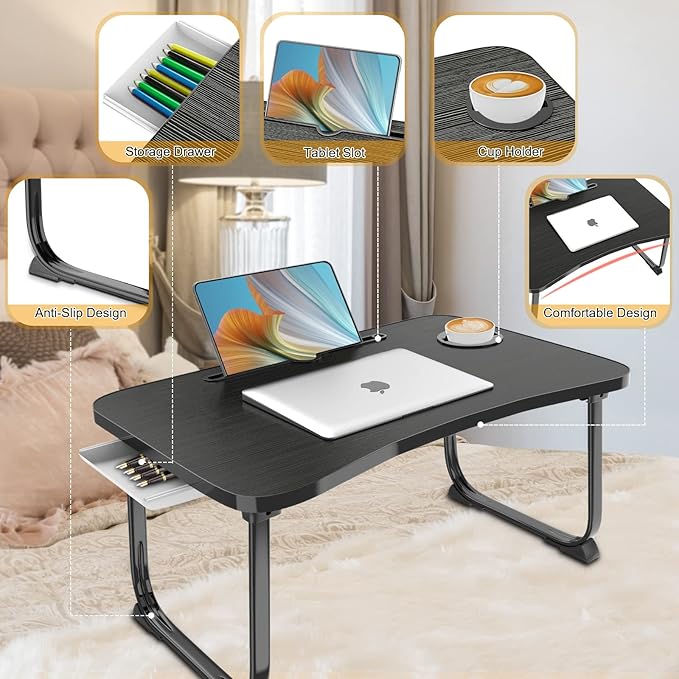 Fayquaze Portable Foldable Lap Desk with Storage Drawer and Cup Holder - Laptop Bed Stand Tray Table for Eating, Reading and Working