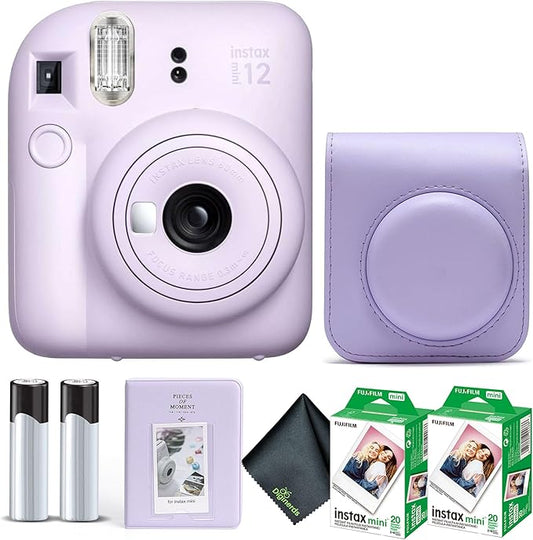 Fujifilm Instax Mini 12 Instant Camera Lilac Purple Bundle with Fuji Instax Mini Film Value Pack (40 Sheets) + Protective Carrying Case + Photo Album + Microfiber Cleaning Cloth