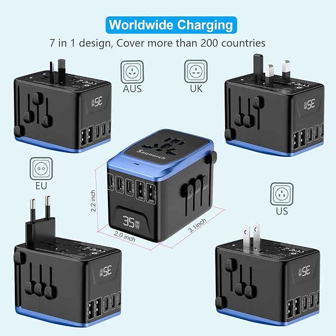 Universal Travel Adapter, PD 35W 7 in 1 International Power Plug Adapter with 7.0A 4 USB-C and 2 USB-A Fast Wall Charger, Worldwide AC Outlet for US Europe UK AUS (Black+Blue)