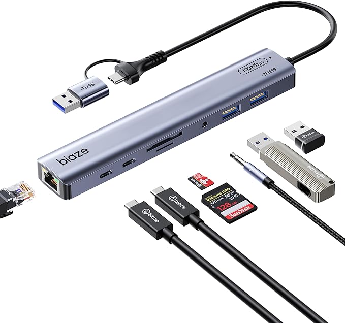 9-in-1 USB/USB C Hub Adapter for MacBook, iPhone,3 USB Ports (2xUSB 3.0, USB 2.0), 100M Ethernet, SD/TF Card Reader, 3.5mm Audio, 2X USB-C Data Ports,No Driver Required