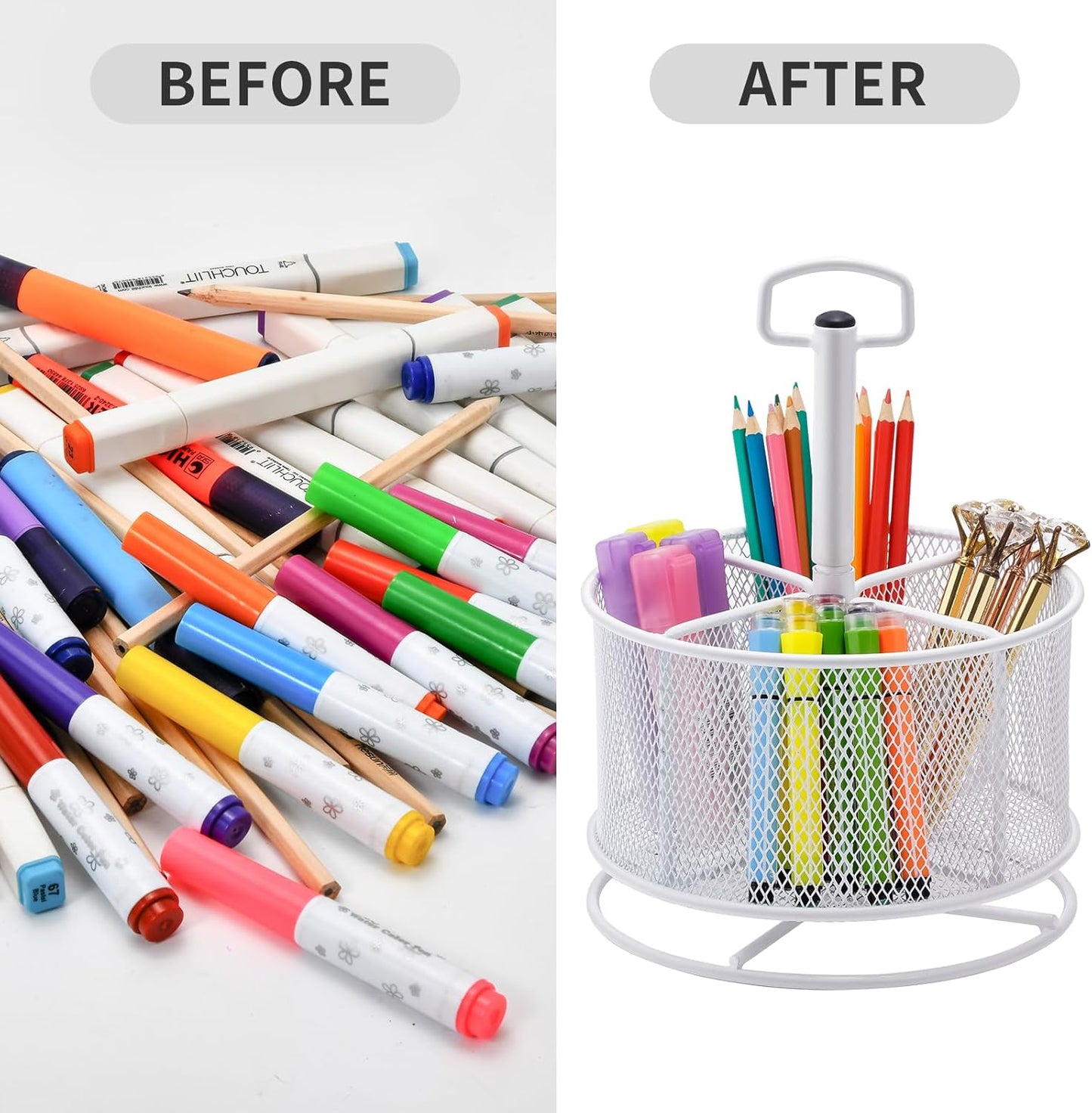 Marbrasse Mesh Desk Organizer, 360-Degree Rotating Multi-Functional Pen Holder, 4 Compartments Desktop Stationary Organizer, Home Office Art Supply Storage Box Caddy (White)