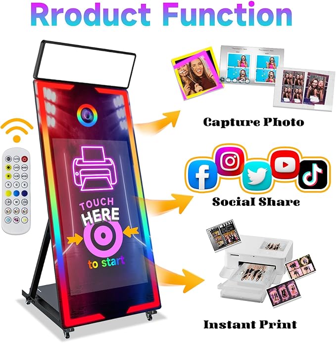 Mirror Photo Booth with Camera and Printer, 65" Magic Mirror Photo Booth, 43" Touch Screen Built-in Mini PC with Instant Print and Sharing, Music Sync Control RGB Light (White, 65-43" Full Set)