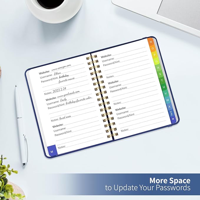 Small Password Book with Alphabetical Tabs, Password Keeper Book for Seniors, Individual & Colorful Tabs, Spiral Hardcover Password Notebook Small for Website Logins, 4.7" x 5.8", NavyBlue