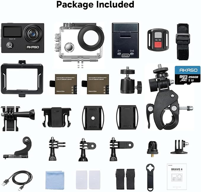 AKASO Brave 4 Action Camera 4K 30fps with 256GB MicroSDXC Card 20MP Ultra HD 131FT Waterproof Underwater Camera EIS WiFi Remote Control 5X Zoom Sport Cameras with Bicycle Accessories Kit Bundle