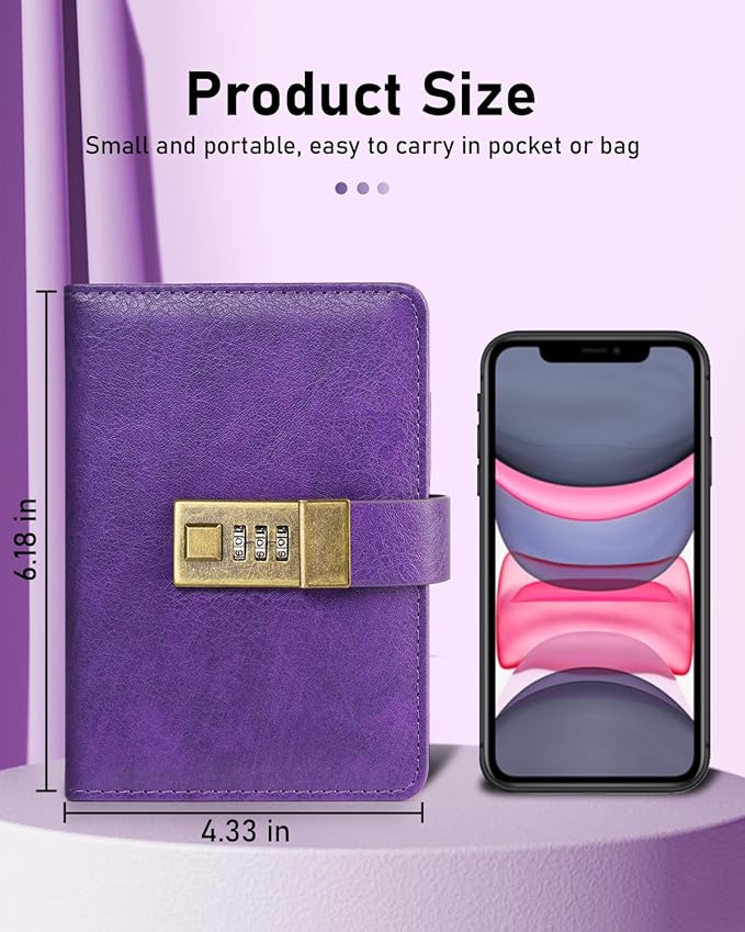 WEMATE Password Book with Lock with Alphabetical Tabs 600+ Password Space,Password Organizer Logbook with Lock, Password Keeper for Computer 4.33 X 6.18 Inch Purple