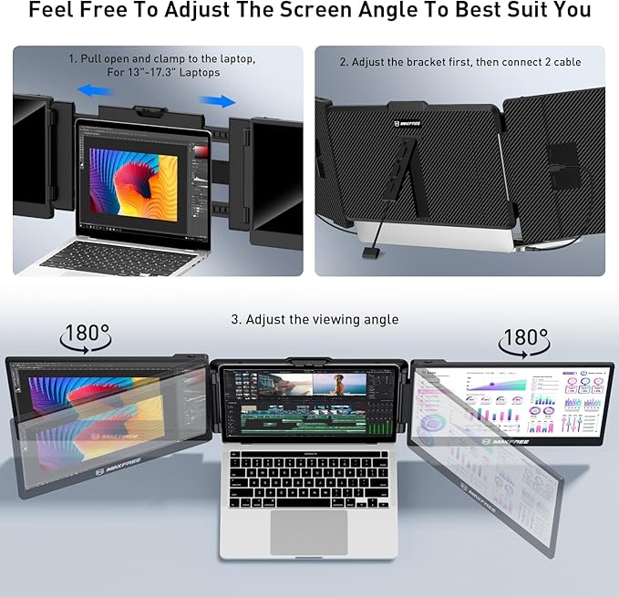 Maxfree Triple Laptop Screen Extender, S2 14" 1080P HD Portable Dual Monitor for 13.3-17″ Laptops, Plug & Play Monitor Extender Compatible with Windows/Mac/Surface/Android/Switch