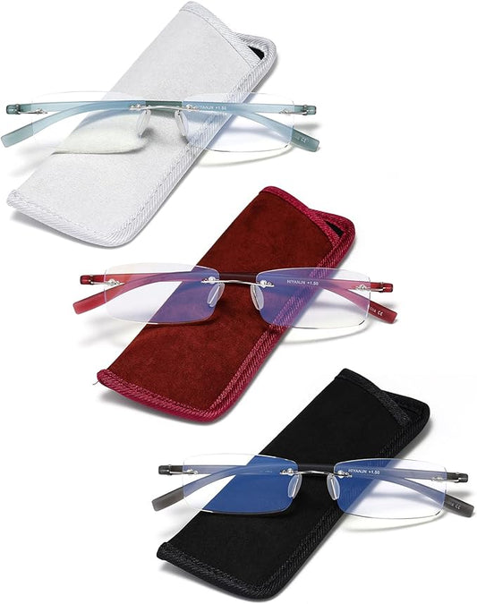 HIYANJN Rimless Reading Glasses For Women Tr90 Blue Light Blocking Eyeglasses Lightweight Frameless Computer Readers(3-Pack,1.5)