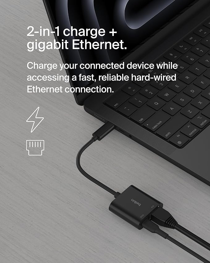 Belkin Connect USB-C to Ethernet + Charge Adapter 100W w/Gigabit Ethernet Port and USB-C Port - 10/100/1000 Mbps for Fast Internet Connection - Compatible with iPhone 17, Samsung Galaxy S25, & More