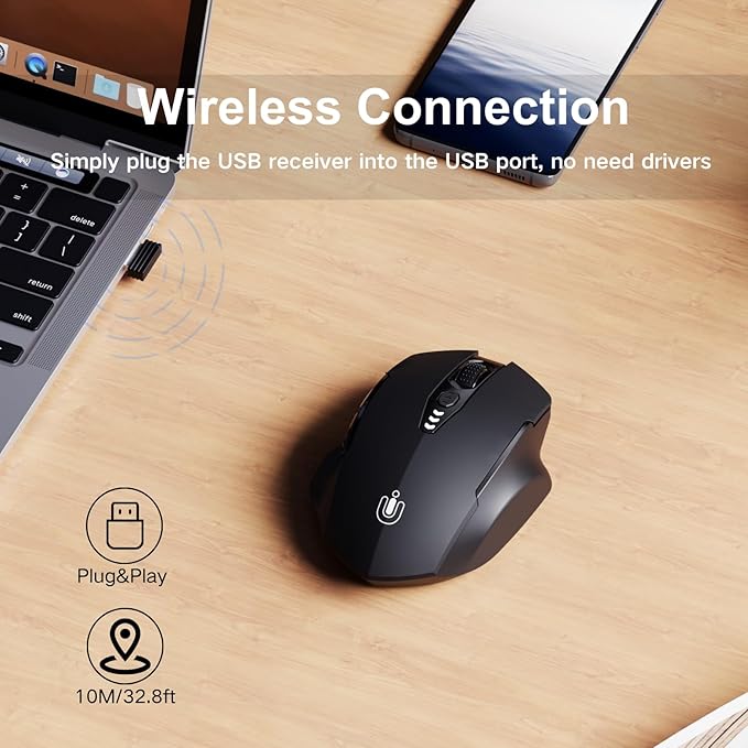 Wireless Mouse,Upgraded 2.4GHz Rechargeable (Battery Level Visible) Ergonomic Computer Mouse,4 Levels DPI, Wireless Mice for Laptop Computer(Matte Black)