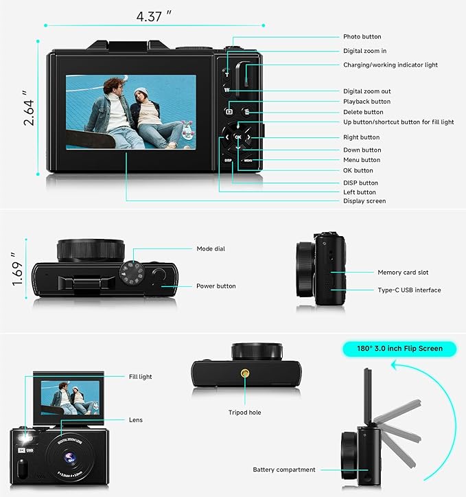 Digital Camera, 5K 80MP Travel Camera for Photography Compact Camera for YouTube with 3" 180° Flip Screen with 18X Zoom Autofocus Vlogging Camera with 64GB SD Card for Teens Beginner (Black)