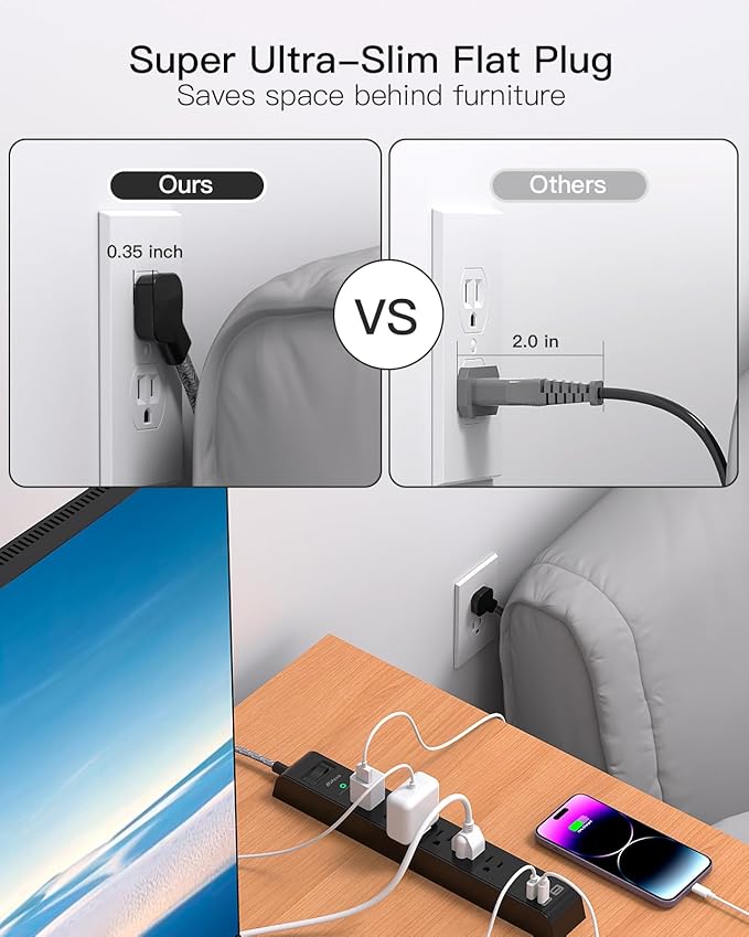 2 Pack Surge Protector Power Strip - 6 Outlets 4 USB Charging Ports, 5Ft Braided Extension Cord, Slim Flat Plug, Overload Protection, Wall Mount for Home Office, Dorm Room Essentials