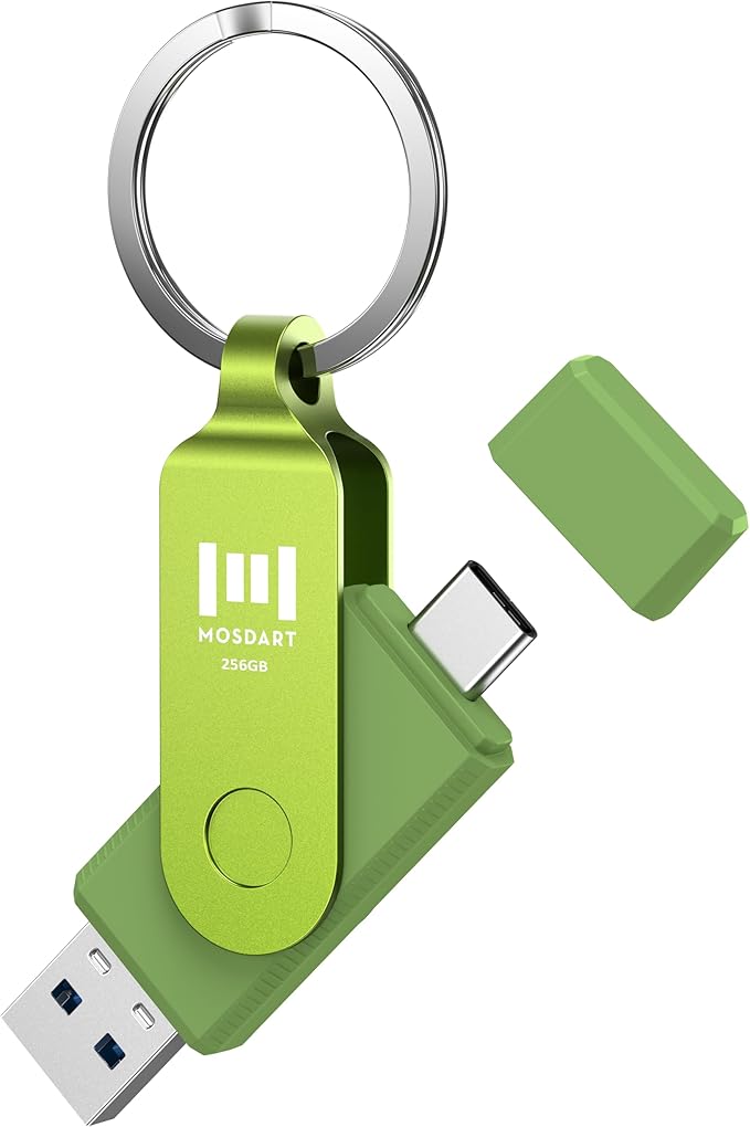 MOSDART 256GB USB3.1 Fast Speed C and A Dual Flash Drive, exFAT Memory Stick with Keychain and LED Indicator, for iPhone 15 and 16, Android Phone, iPad, MacBook, and Other Laptops, Green