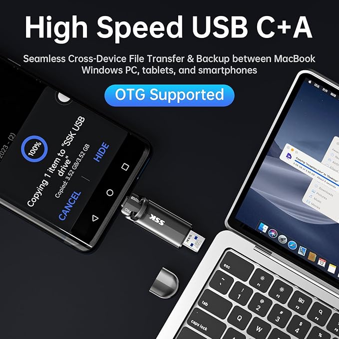 SSK 512GB USB Solid State Flash Drive, External SSD Up to 1000MB/s, Dual Port USB 3.2 Type-C/A, Portable SSD in Zinc Alloy Thumb Drive Stick for iPhone 15/16 Pro, Mac, PC, Android OTG Storage