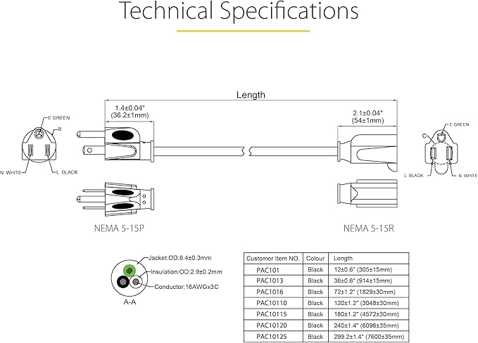 StarTech.com 1 ft. (0.3 m) Short Extension Cord - 125V at 13A, NEMA 5-15R to NEMA 5-15P - Power Extension Cord - Black - Extension Cable (PAC101)