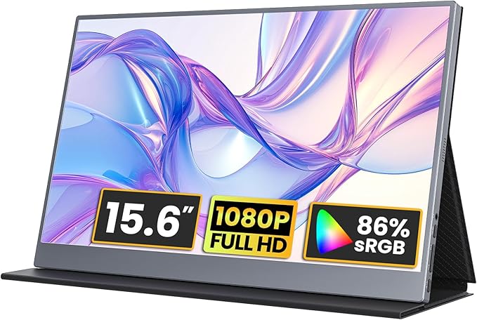 Portable Monitor 15.6 inch 1080P FHD 86% sRGB 60Hz, Travel Monitor for Laptop MacBook Surface PC Xbox PS5, HDMI Dual USB-C VESA Compatible Built-in Speaker, with Cover