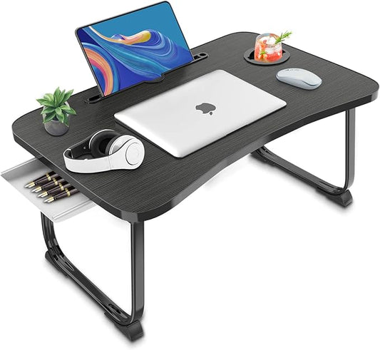 Fayquaze Portable Foldable Lap Desk with Storage Drawer and Cup Holder - Laptop Bed Stand Tray Table for Eating, Reading and Working