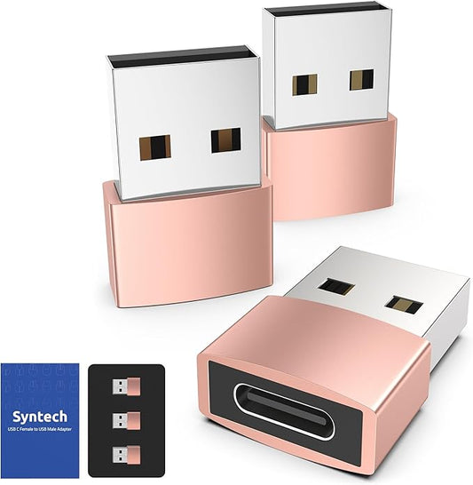 Syntech USB C Female to USB A Male Adapter 3 Pack, Type C Charger Cable Power Adapter Compatible with iPad Air 7, iPhone 17/16/15/14 Pro Max, Apple Watch Series 10/9, Samsung Galaxy S20 etc, Rose Gold