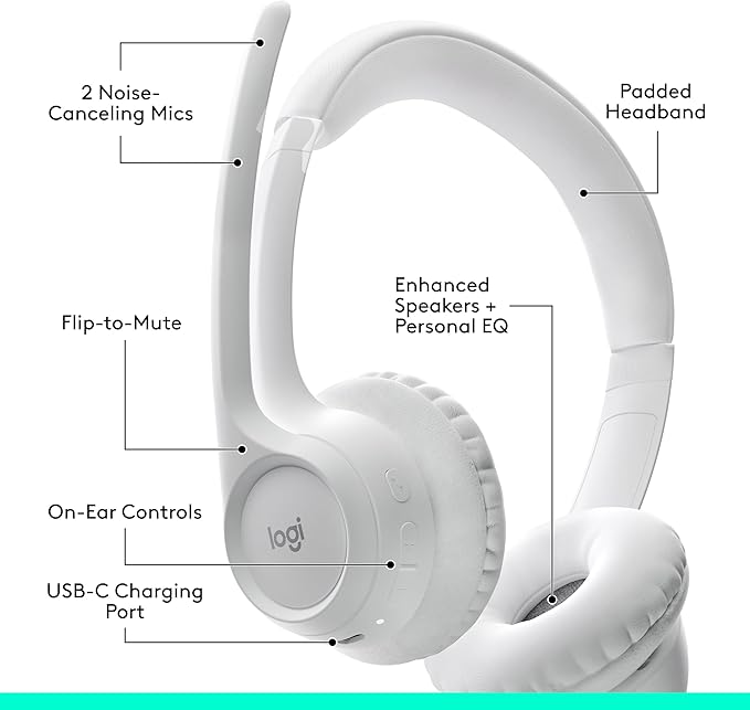 Logitech Zone 300 Wireless Bluetooth Headset with Noise-Canceling Microphone, Compatible with Windows, Mac, Chrome, Linux, iOS, iPadOS, Android – Off-White