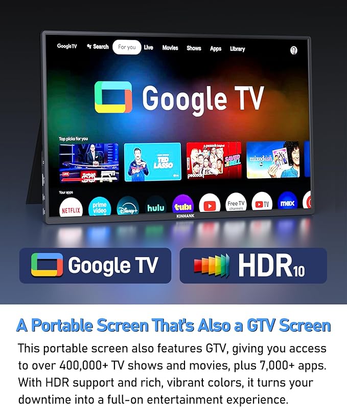 16" Smart Portable Monitor with Google TV OS, 2.5K QHD (2560x1600) 144Hz Display, 500 Nits Brightness, 100% sRGB, Wi-Fi/Bluetooth, USB-C/HDMI External Screen for Laptop/PC/Gaming Console