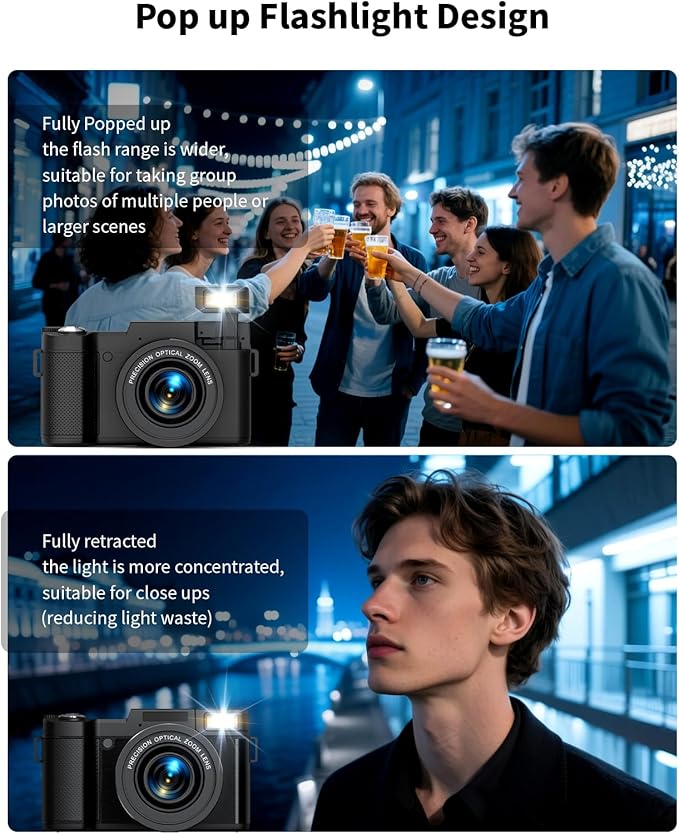 FLATIC 6K Digital Camera, 75MP Cameras for Photography with 8X Optical Zoom & Tripod, Anti-Shake Vlogging Camera with 3" 180° Flip Screen, 64GB Card, Card Reader (Optical Zoom)