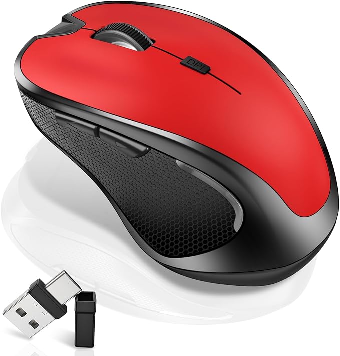 Mouse for MacBook Wireless Bluetooth Mouse Laptop MacBook Air Mac Pro Rechargeable Silent PC iPad Optical Mouse with Jiggler Dual Mode Switch Bluetooth 5.2/3.0 and 2.4GHz USB Type-C Receiver Red