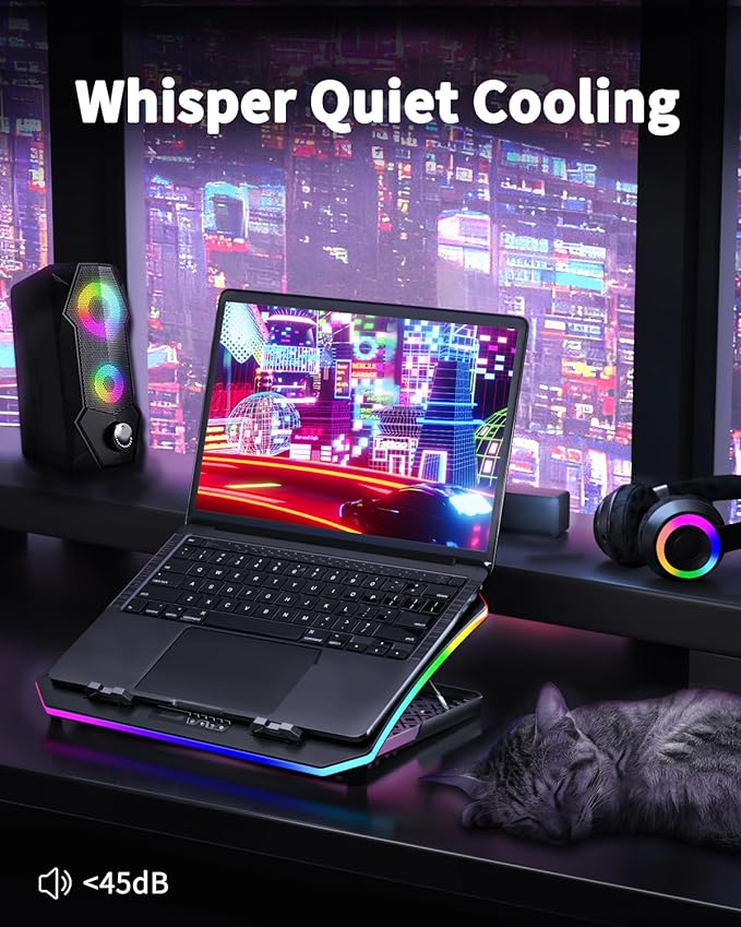 KeiBn Laptop Cooling Pad, Gaming Laptop Fan Cooling Pad with 9 Quiet Fans, RGB Laptop Cooler for 15.6-17.3 Inch, Cooling Pad for Laptop with 7 Height Stands, 2 USB Ports, Phone Stand-Purple