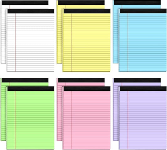 Legal Pads 8.5 x 11 Wide Ruled - Note Pads 30 Sheets/Pad - 20lb Colored Notepad Paper - Perforated Notepad with Sturdy Back - Pink, Purple, Yellow, Green, Blue, White