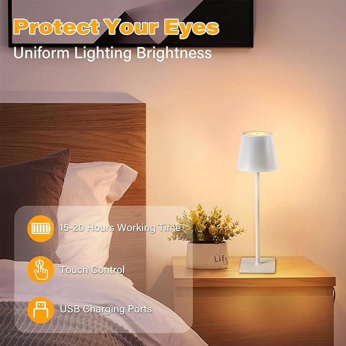 2 Pack Cordless Table Lamps, 3 Colors Stepless Dimming, 5000mAh Rechargeable Battery LED Desk Lamp for Bedroom/Couple Dinner/Desk/Cafe/Dining Room/Terrace