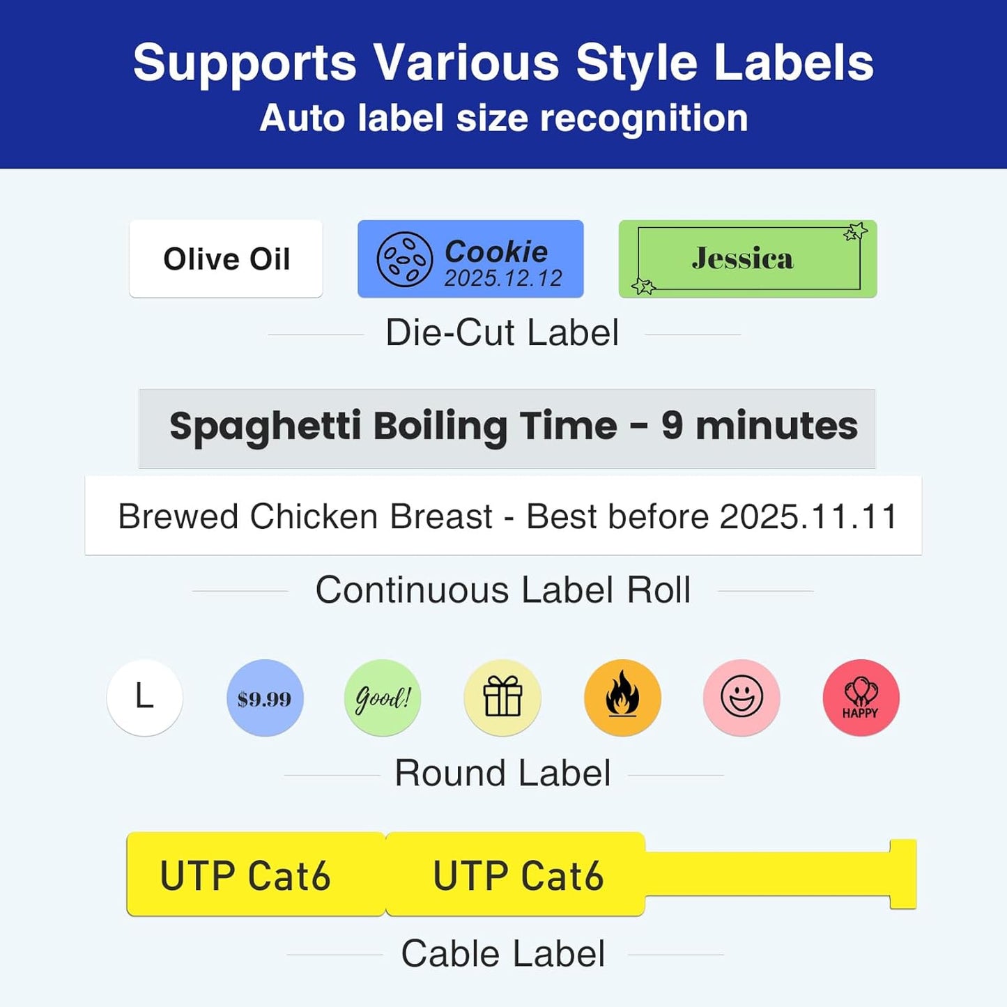 SUPVAN E11 Bluetooth Label Maker Machine with Tape, Support Keyboard & App with 40 Fonts and 450+ Icons, Rechargeable Inkless Labeler for Home, Kitchen, Office, School, Organization, Black