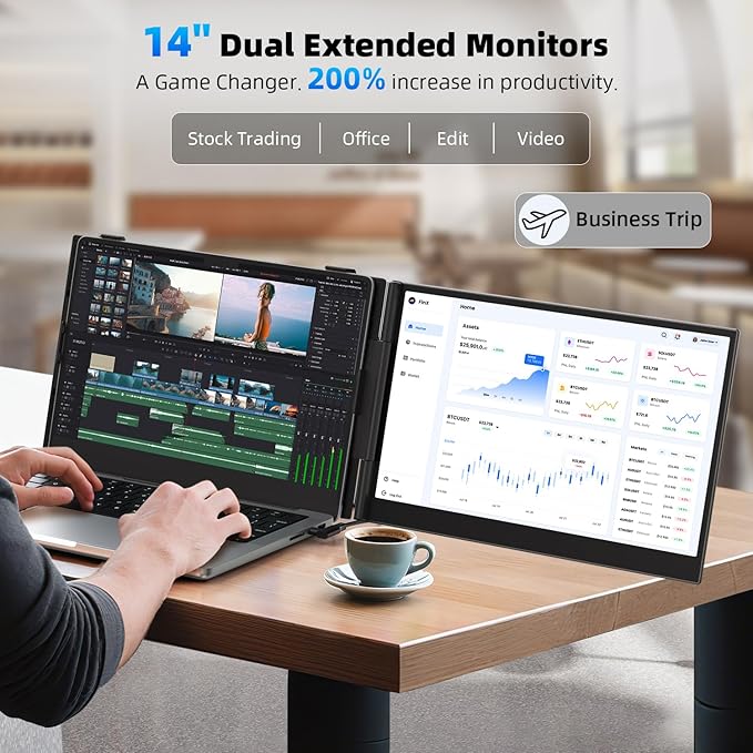 14" Dual Laptop Screen Extender with 1.3lbs - Ultra Thin Portable Monitor for Laptop Plug & Play, FHD 1080P Laptops Extended Monitor for 13"-17" Laptops, USB-C/HDMI Travel Display for Mac/Win