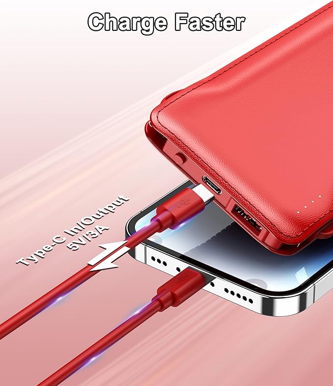 TG90° Portable Charger 10000mah Cell Phone Battery Backup, Ultra Slim Power Bank with Built in Lightning and USB-C Cable, Portable Phone Charger Battery Packs Compatible with iPhone Android Phones