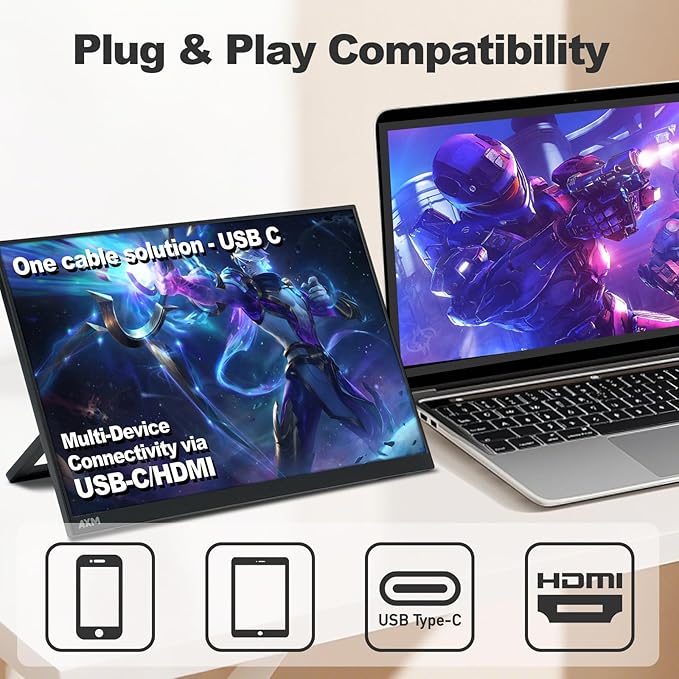 AXM 16" 2.5K Portable Monitor 2.5k QHD IPS 120Hz Adaptive Sync HDR Flicker-Free 400 Nits 100% DCI-P3 USB-C HDMI Gaming & Travel for Laptop Compatible with Windows, MacBook, Phone, Switch, Xbox PS4/5