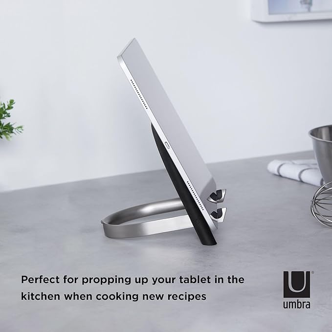Umbra Udock Tablet/Phone Holder, Phone Easel/Tablet Easel - Great for Kitchen, Props Up Your Screen So You Can Follow Along with Recipes, Read/Watch Online Content, Black/Nickel Finish