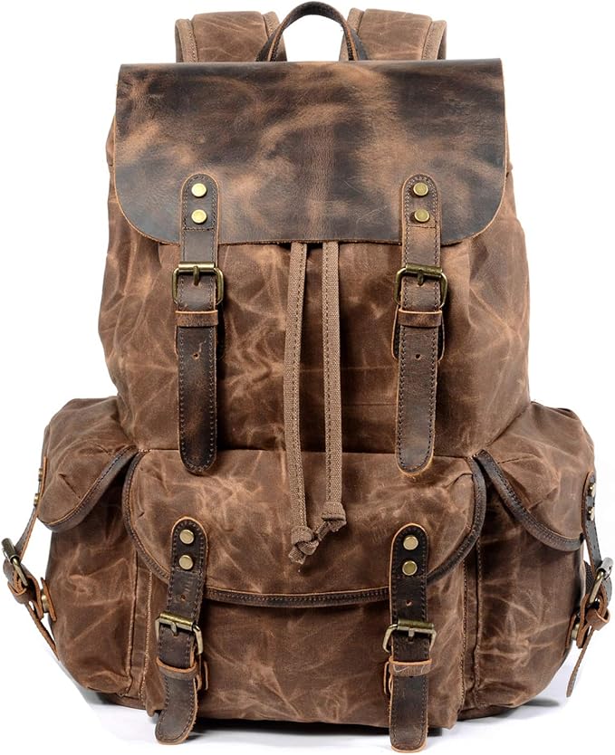 WUDON Leather Backpack for Men, Waxed Canvas Shoulder Rucksack Carry-On Travel Backpack