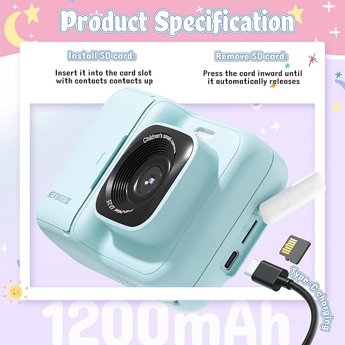 Kids Camera, 1080P Instant Digital Print Camera for Kids, Christmas Birthday Gifts for 4 5 6 7 8 9 10 Year Old Girls Boys, Portable Toy with 32GB SD Card & 3 Rolls Printing Paper, 1 Count, Blue