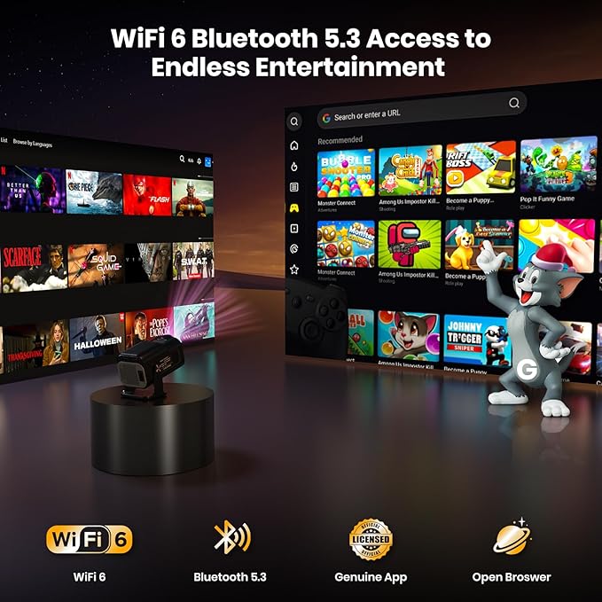 [NetfIix Official/Stereo Speakers] 4K Projector with Wifi and Bluetooth, 1080P Native Mini Projector Portable, One-Click Use Built-in NetfIix/YouTube/PrimeVideo/D+, Smart Home Outdoor Projector