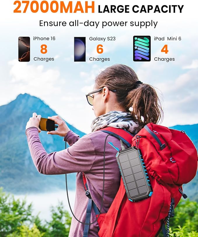 Riapow Solar Charger Power Bank - 27000mAh/99000mWh Wireless Portable Charger Built in 2 Cables - 22.5W Fast Charging Battery Bank with USB C in/Output, PD QC 3.0 Battery Pack Flashlight Outdoor