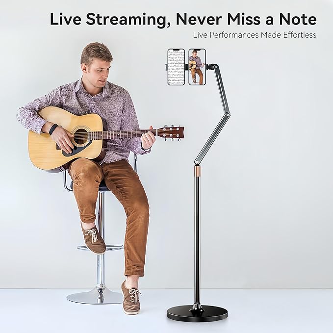 Tablet Floor Stand, Angle& Height Adjustable iPad Floor Stand, 2025 Dual-Device iPad & Phone Mount, 360°Tablet Holder for Live Streaming, Overhead Shots & Multi-Angle Recording (4.7"-13")