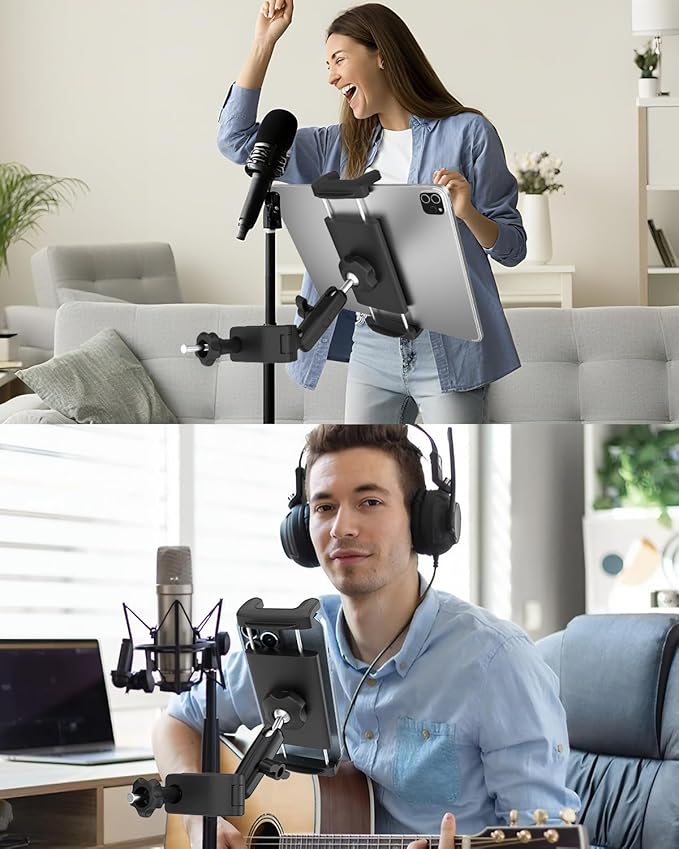 Aluminum Tablet Holder for Microphone Stand/Mic Music Mount Stand [Without Slipping] 360° Rotation Adjustable iPad iPhone Holder Mount for Microphone with Clamp, Fits 4''–13" Tablets & Smartphones
