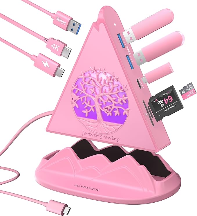Pink USB C Hub, 8-in-1 USB C Multiport Adapter with 4K@30Hz HDMI, 100W Power Charging, 5Gbps Type C, 3 USB-A 3.0, SD/TF Slots& RGB Lighting, Pink Type C Hub for MacBook, iPhone17, iPad, XPS(Tree)