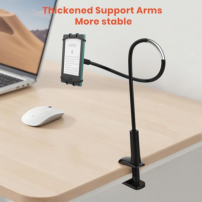 Gooseneck Kindle Holder for Reading in Bed, 360° Adjustable Cell Phone Stand for Desk, Flexible Lazy Arm Mount Clamp,Kindle Paperwhite Stand Accessories,Compatible with 4-8 Inches Device