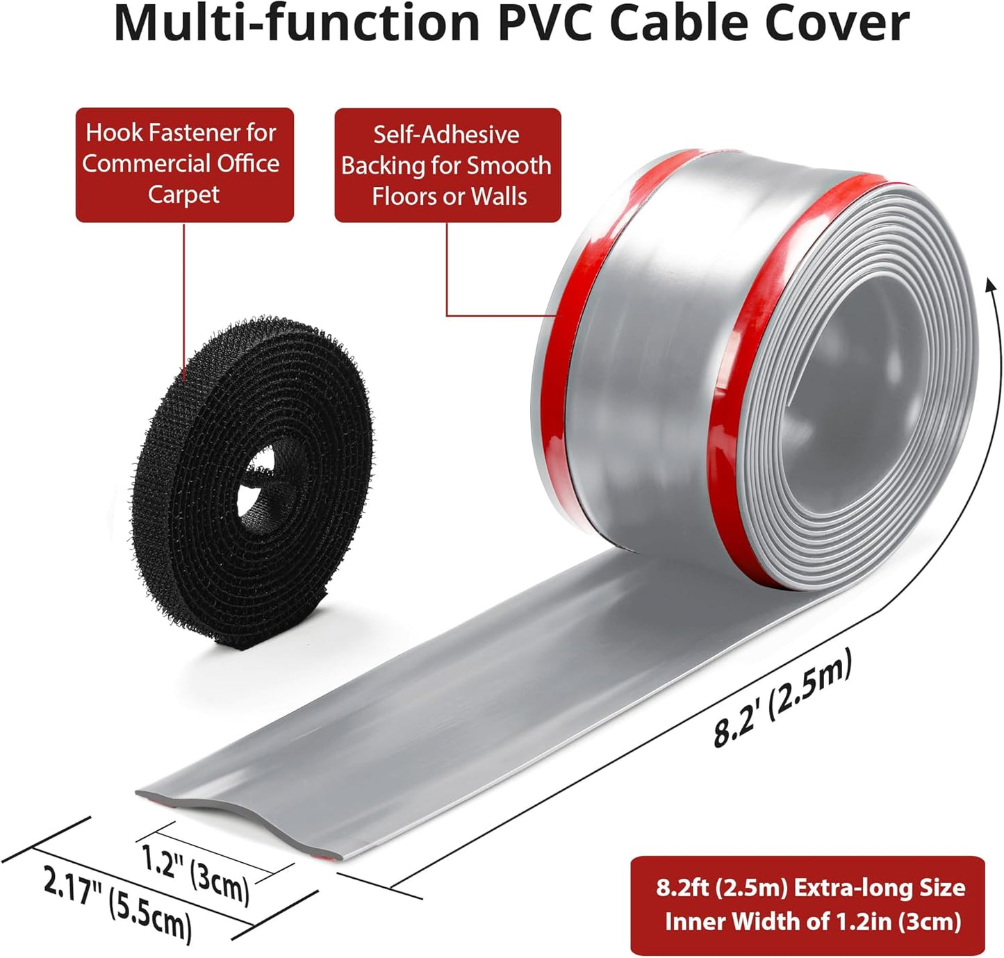Soft PVC Cord Covers - 8.2ft Self-Adhesive Floor Cable Cover Cord Hider, Gray