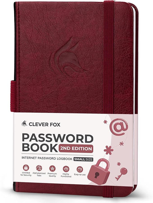 Clever Fox Password Book 2nd Edition Small – Pocket Password Keeper with Alphabetical Tabs – Internet Address Notebook & Login Details Organizer Journal – 3.5x5.6” (Wine Red)