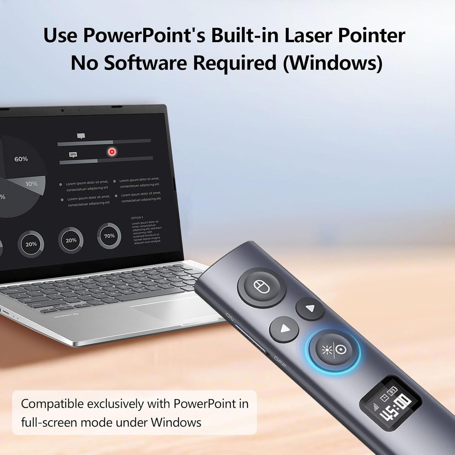 Norwii N95s BLE Presentation Clicker with Digital Pointer for PowerPoint Presentation on TV Screen and Projection Screen, Wireless Presenter Remote with Countdown Timer (Green Light-USB-C)