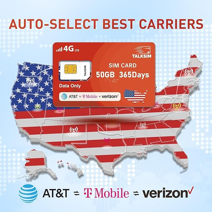 Data SIM Card 50GB 365Days Support Verizon, AT&T and T-Mobile, 4G LTE USA SIM Compatible with Unlocked Security Camera/Router/Mobile WiFi Hotspot/Tablet/Hunting Trail Camera iot Devices